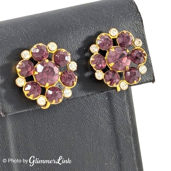 Vintage 30s 40s Coro Purple Rhinestone Flower Gold Tone Screw Back Earrings - Picture 2 of 10